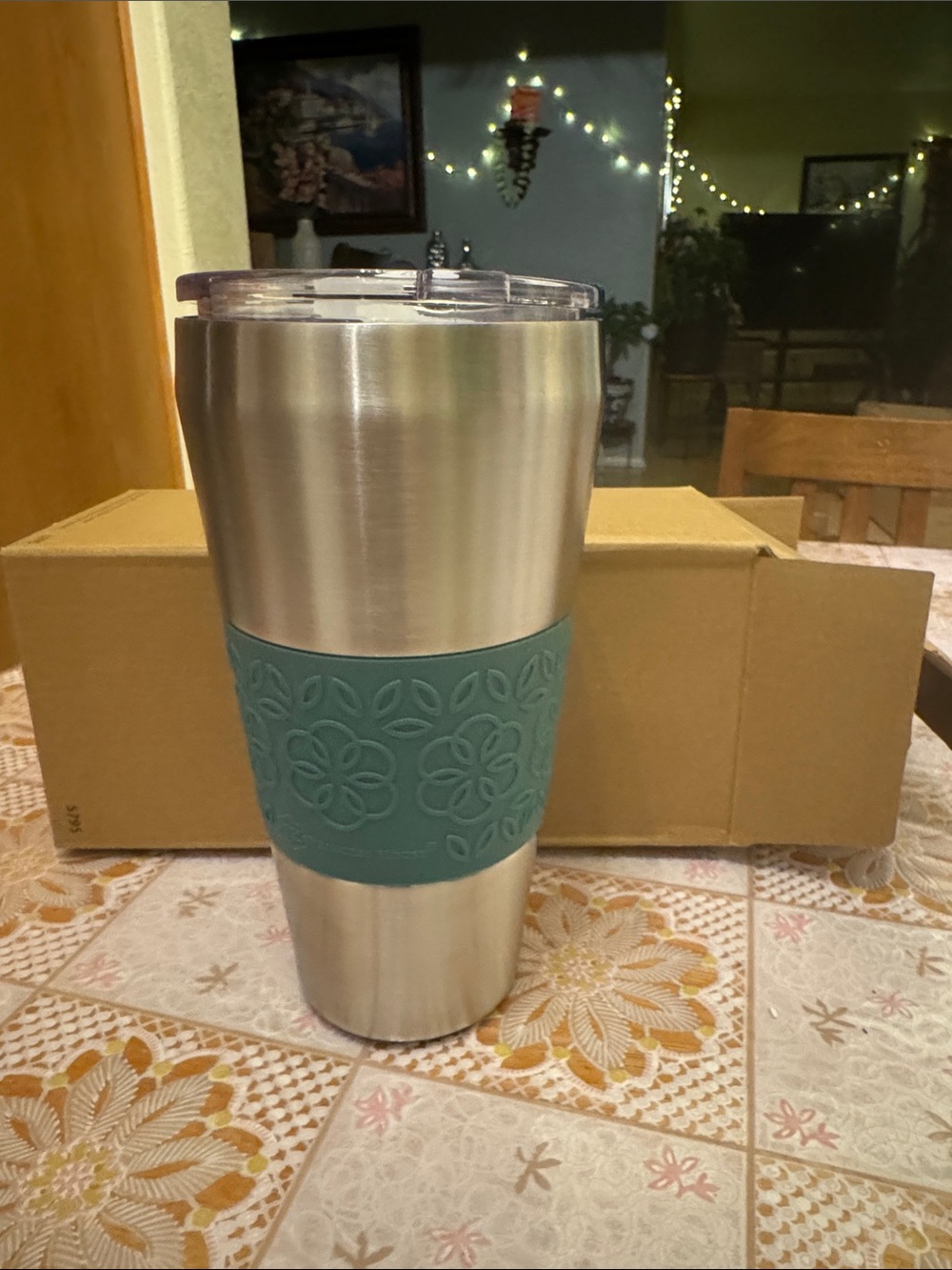 Princess House Stainless Steel Travel Tumbler with Teal Floral Silicone Band